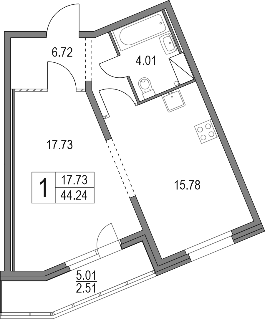 1-комнатная квартира 44.24 м², 2/19 эт., ЖК «Приморский квартал»